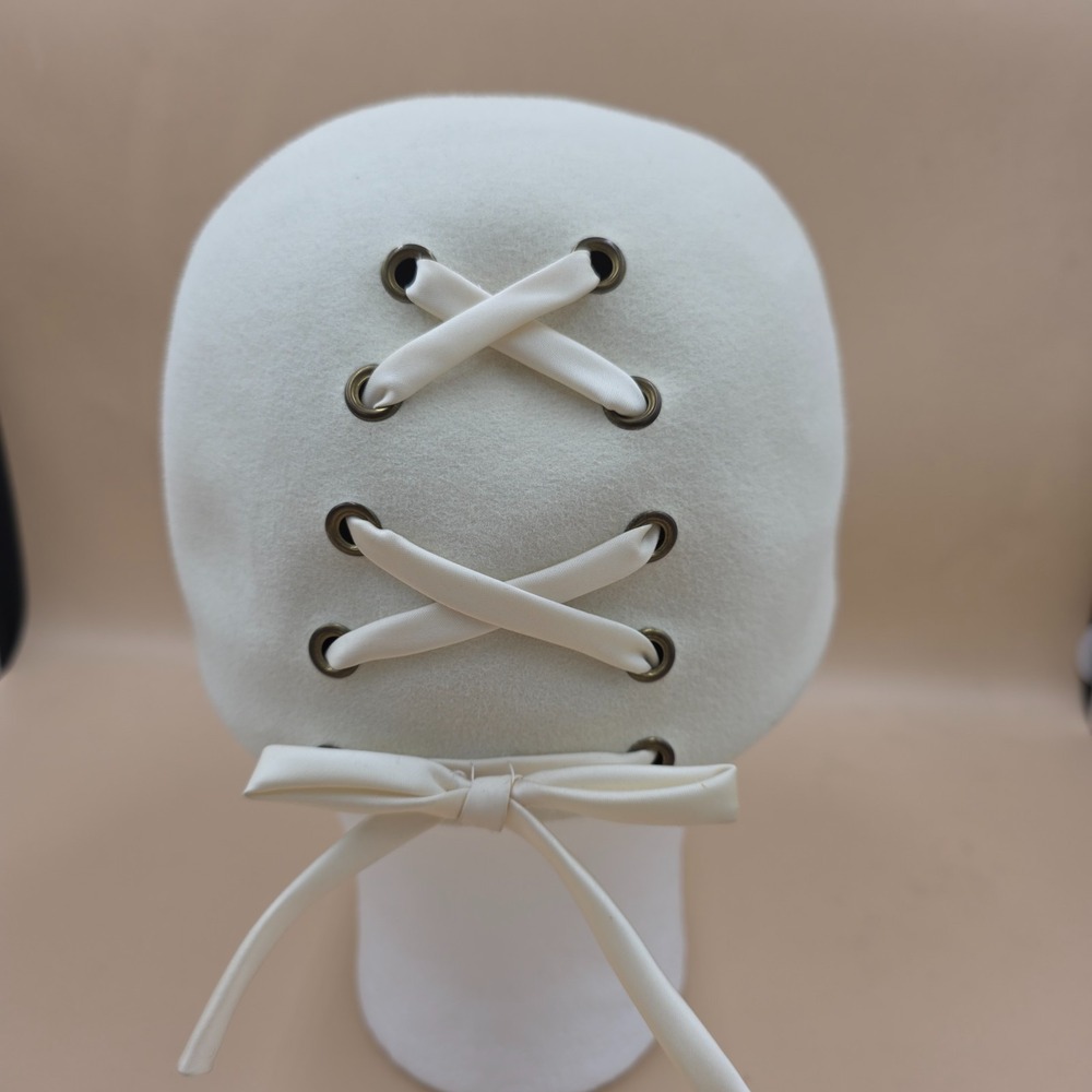 Evelyn Varon Fur Felt Cloche Hat Ivory Cream Ribbon Lace Up Back Corset Womens